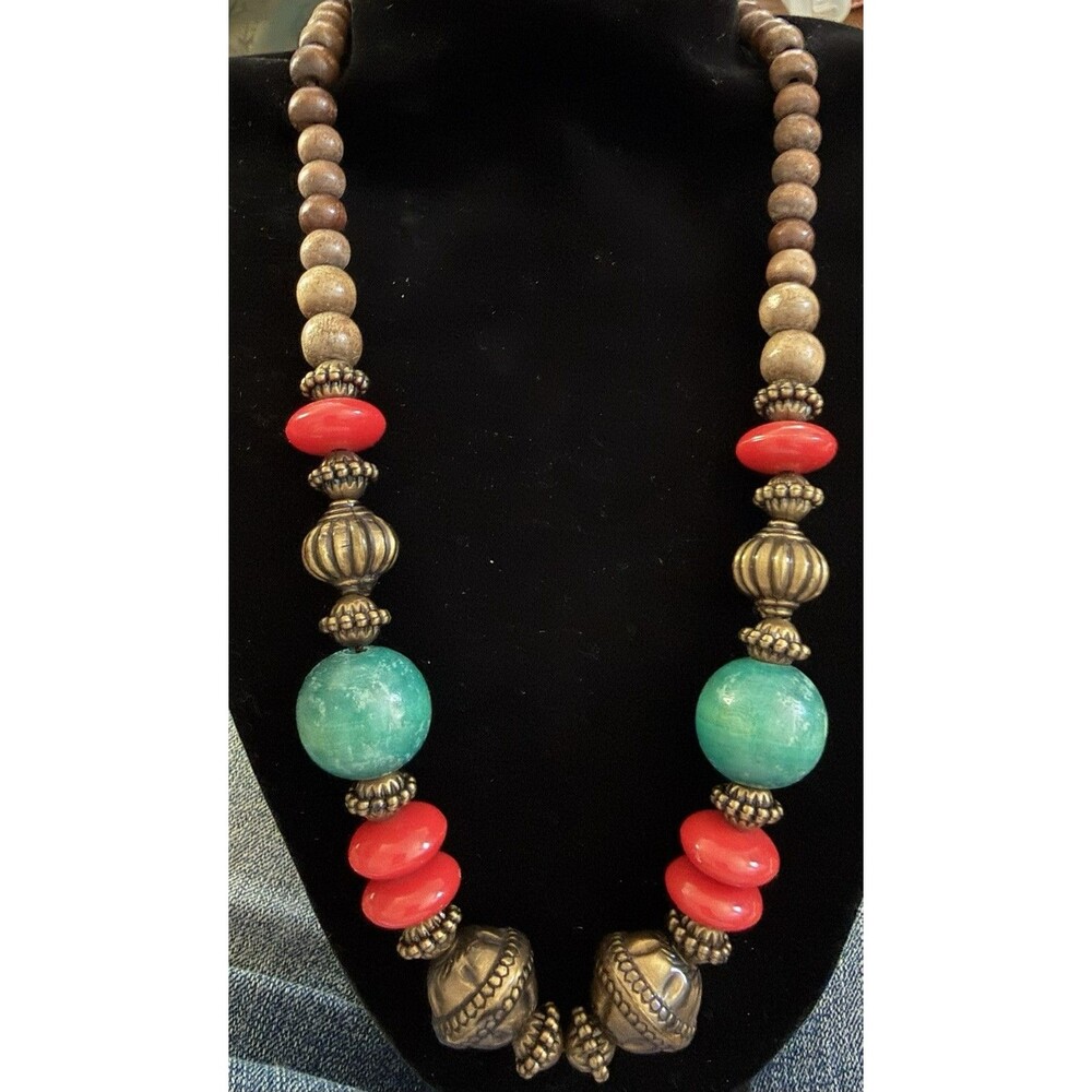Vintage Wooden Plastic Beaded  Statement Necklace
